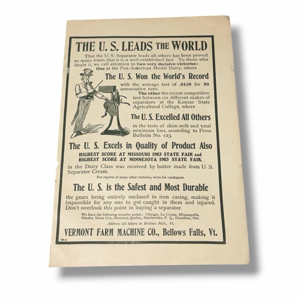 1903 Vermont Farm Machine Co The US Leads the World Original Vintage AE